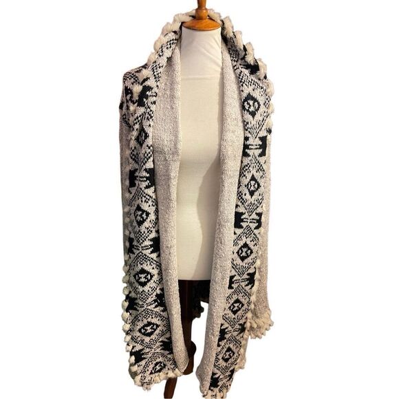 K. Jordan Southwestern Open Cardigan Sweater/Duster Coat Tan & Black w/ Faux Fur - Picture 14 of 15